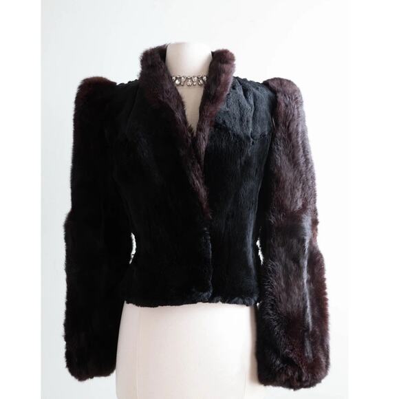 Ultra MCM Glam Rabbit Fur Coat Jacket Black & Brown Sheared Cropped Puff Sleeve - Picture 1 of 16